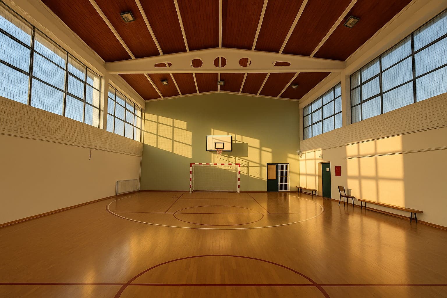 Sportska sala Medrese s košem i golom u popodnevnom svjetlu